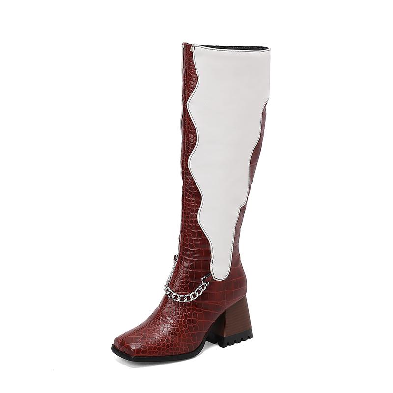 Hochwertige Lederstiefel für Damen Mode Dicke Hohe Absätze Kette Reißverschluss Kniehohe Stiefel Rutschfest Gemütliches Filzfutter Damenstiefel