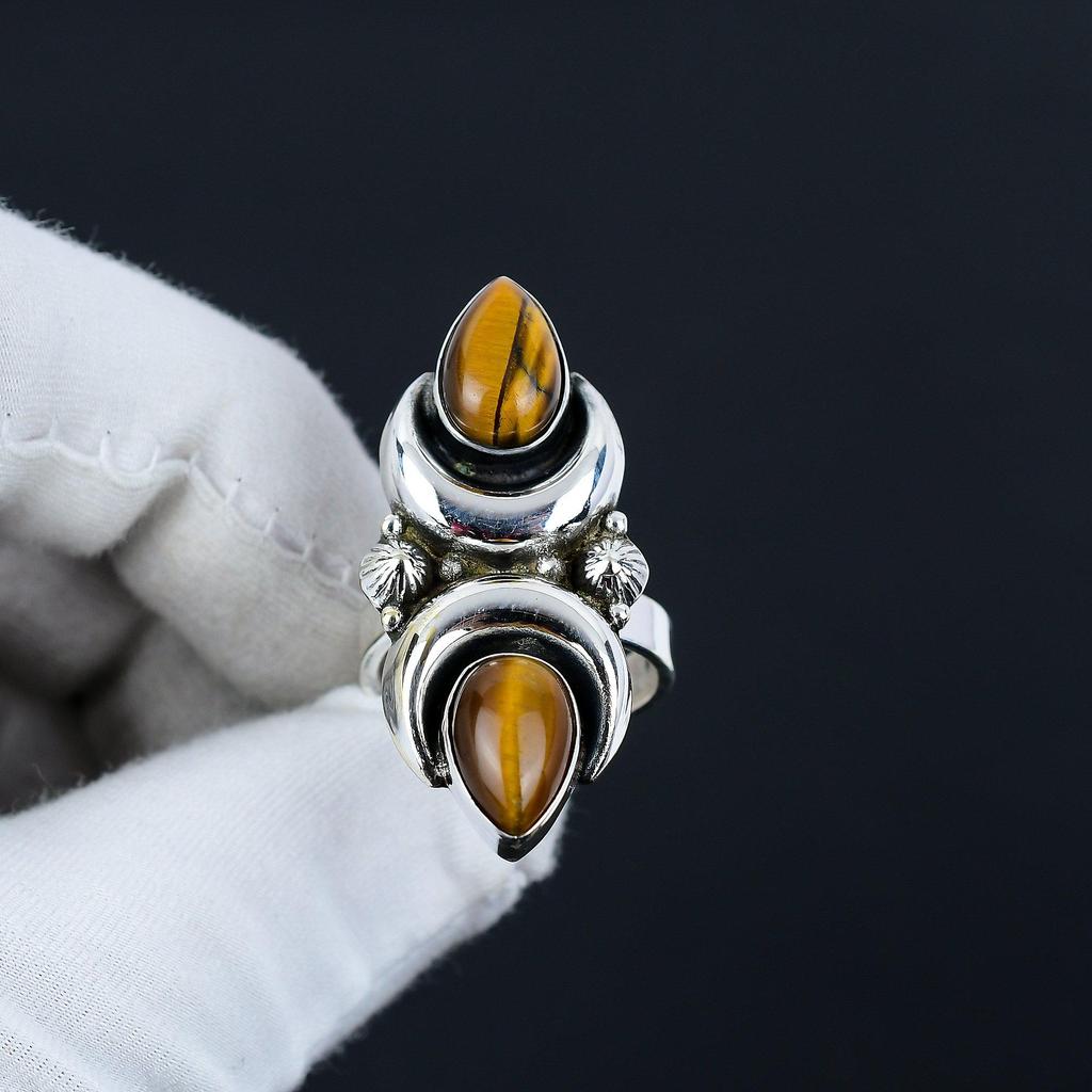 Tiger Eye Gemstone Adjustable 925 Sterling Silver Ring - Fits US Sizes 6 to 10 - Handmade Boho Jewelry for Women & Men, Valentine Gifts