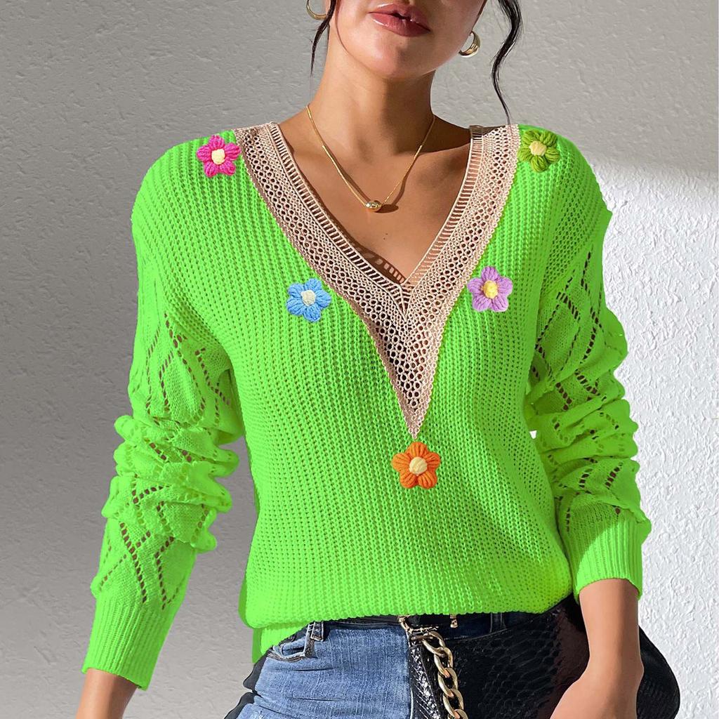 Women's Loose Casual Lace V Neck Long Sleeved Knitted Pullover Sweater Top Sweater Top