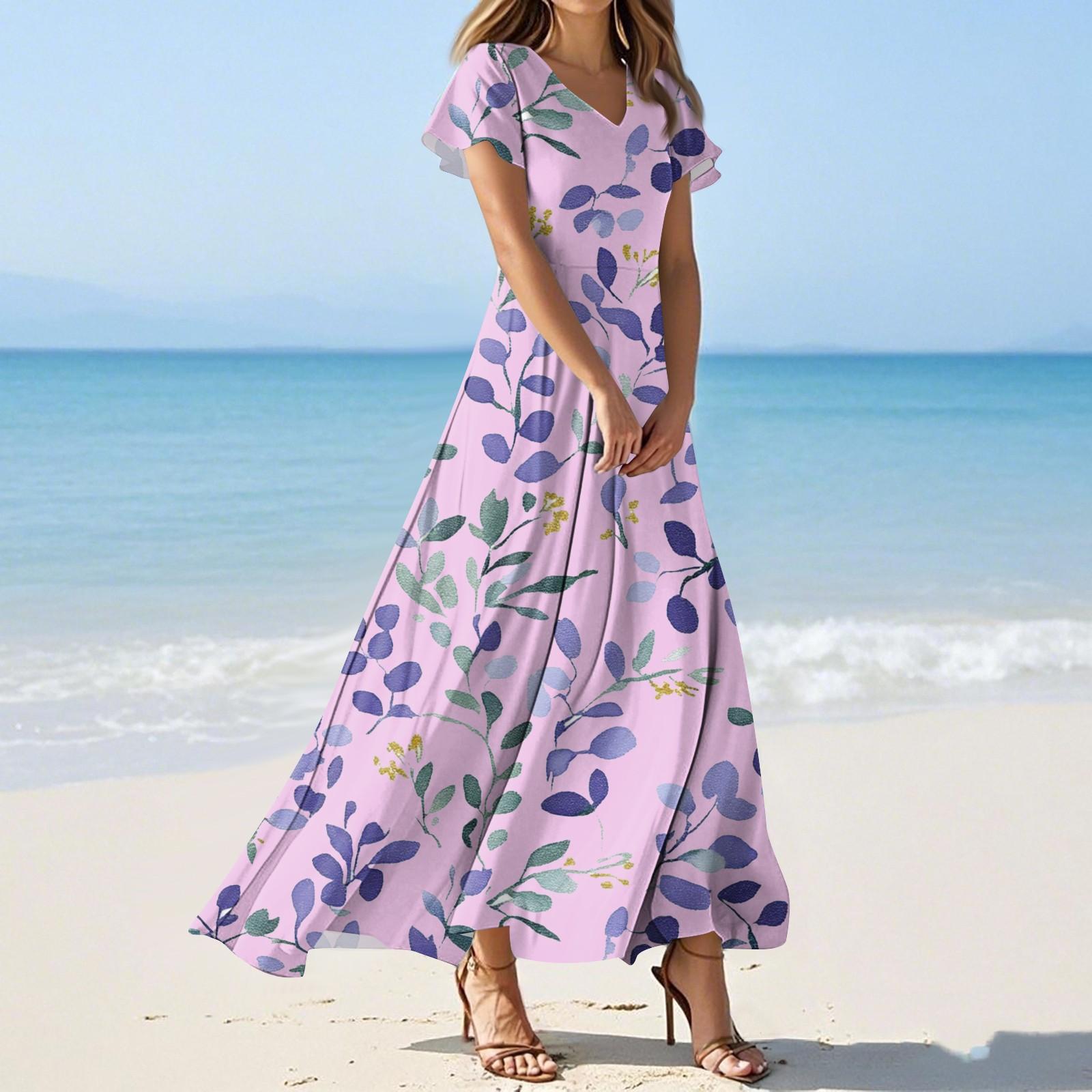 

Жіночі літні повсякденні модні однотонні сукні з V-подібним вирізом і короткими рукавами L фіолетовий