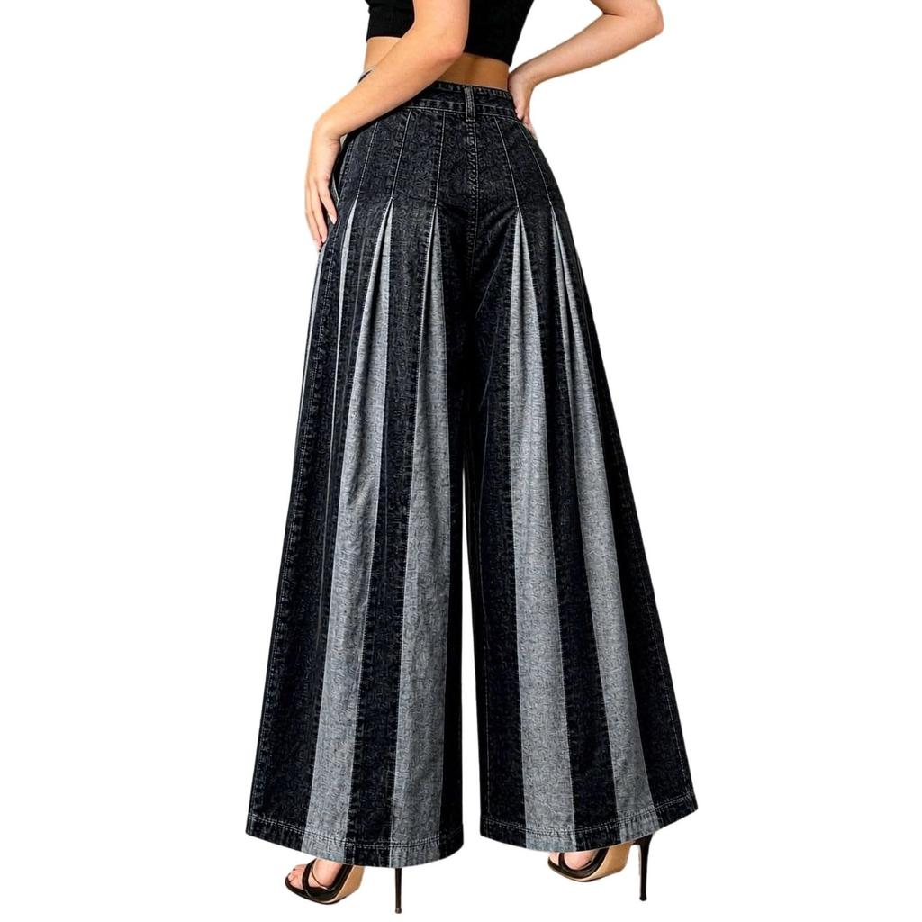 Damen Casual Vintage Lockere Passform Patchwork Weites Bein Denim Jeans für den Alltag