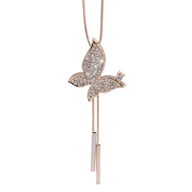 Butterfly Rhinestone Bow Tassel Necklace for Women - Fashionable Sweater Chain Pendant Accessory