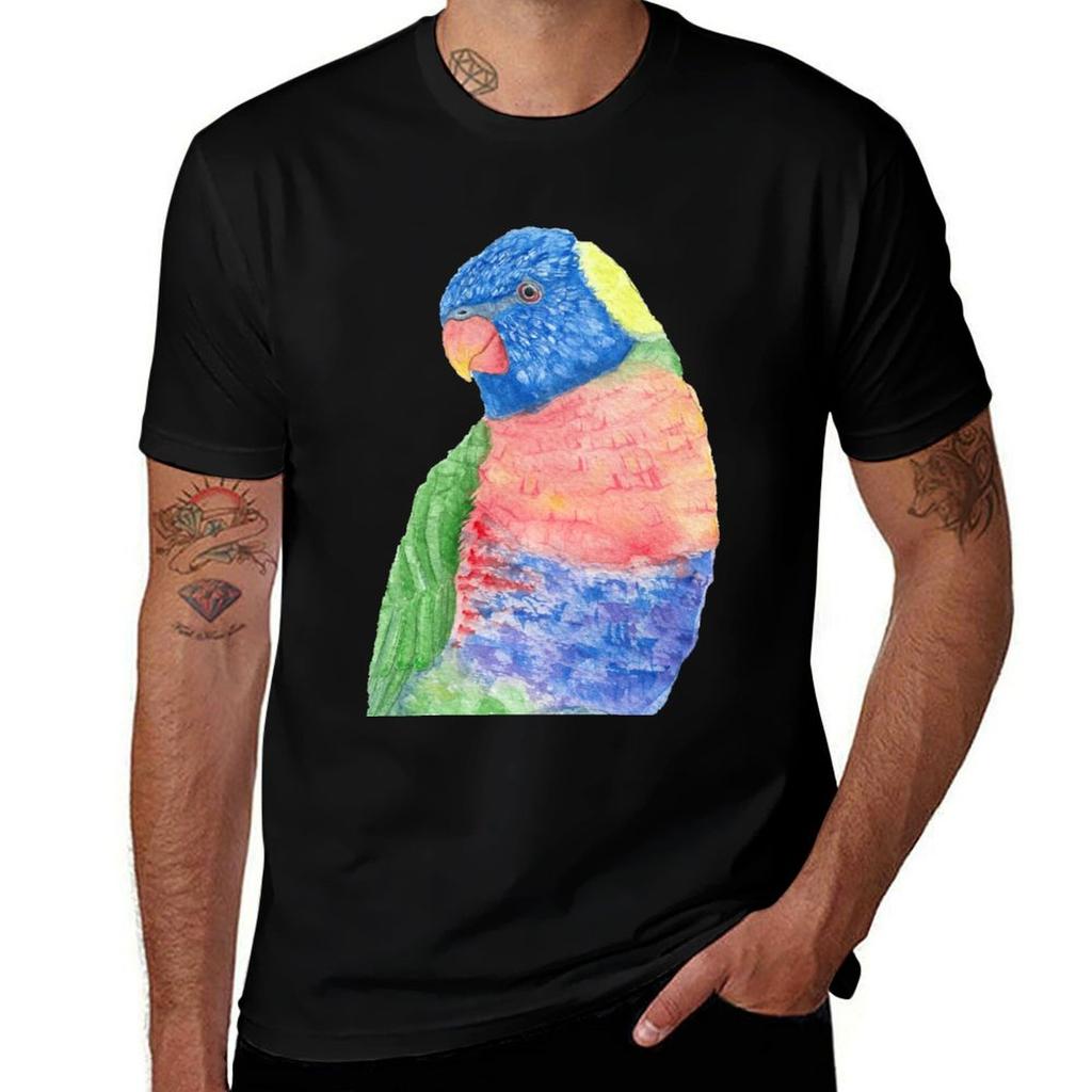 Watercolor Rainbow Lorikeet Parrot Watercolor Portrait Tshirt Work Wear Short Sleeve Tshirt