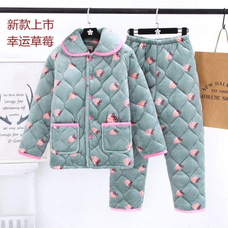 Thickened pajamas women's winter three-layer coral fleece padded cotton can be worn outside, plus sweet loungewear set