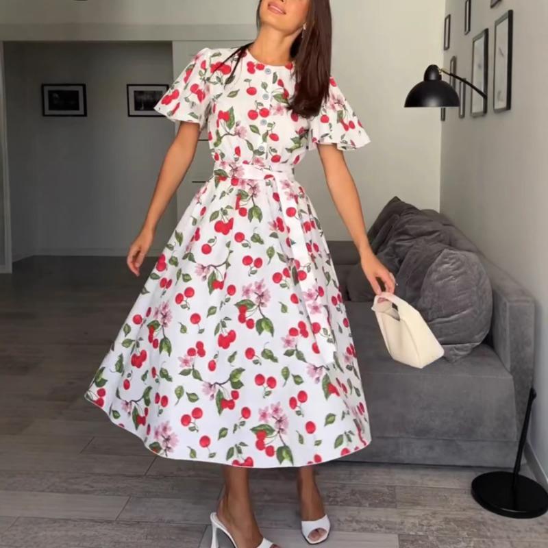 

Весенне-Летнее Миди Платье с Принтом Вишни, Расклешенными Рукавами, Поясом, Силуэта А, Повседневное Платье S красный