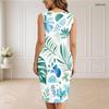 Women Plus Size V Neck Sleeveless Tropical Leaf Printed Bodycon Midi Dress