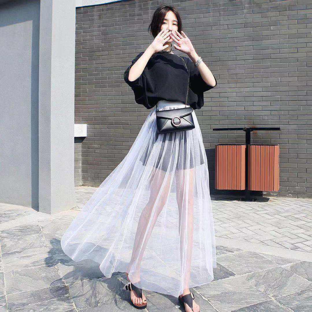 

Летняя длинная кружевная юбка, женская черно-белая сетчатая вуаль, повседневные юбки с низкой талией, богемная сексуальная прозрачная одежда макси 82cm белый