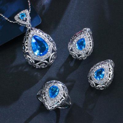 Vintage Jewelry Set Earrings Necklace Ring Three-Piece Set Zircon Plated Real Gold