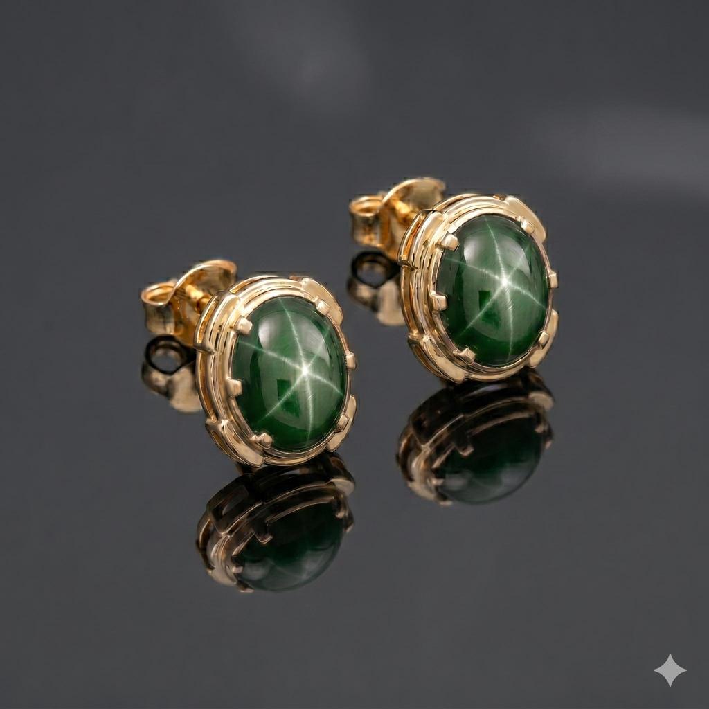 Green Star Sapphire Earring For Her 925 Sterling Silver Flash Light Star Sapphire September Birthstone Oval-Shaped Gemstone