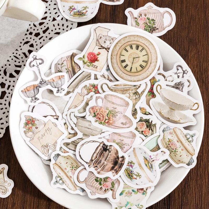 46Pcs Vintage Teapot Stickers Afternoon Tea Dessert Decoration Stickers DIY Creative Scrapbooking Craft Album Stickers Jourmal