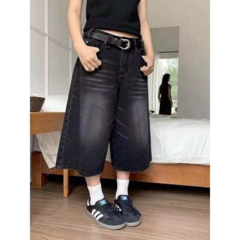 Seven-point Straight-leg Denim Shorts for Women's Summer Thin Fat MM Medium Pants, Thin Wide-leg Medium Pants