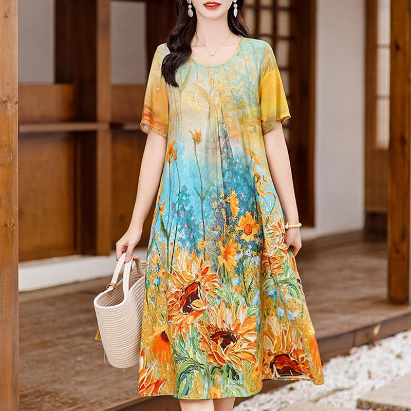Zomer elegante lange jurken voor dames plus maat losse damesjurk met korte mouwen en vintage print