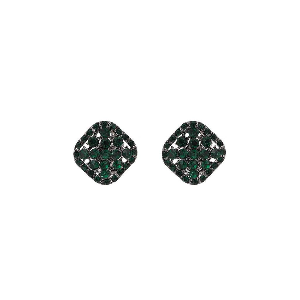 Silver Needle Rhinestone Stud Earrings - Luxurious Green Geometric Design