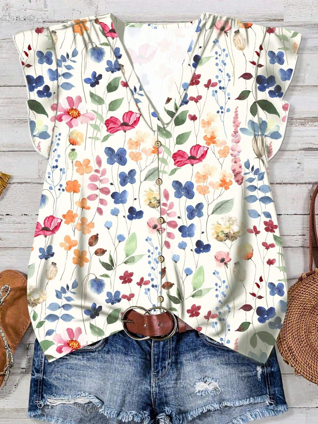 

Plus Size Women s Floral Print V-neck Casual Shirt - In Stock 2026 4XL квітковий/білий