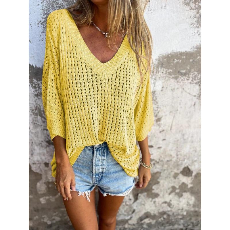 Loose Fit V Neck 3 4 Sleeve Hollow Design Knit Sweater