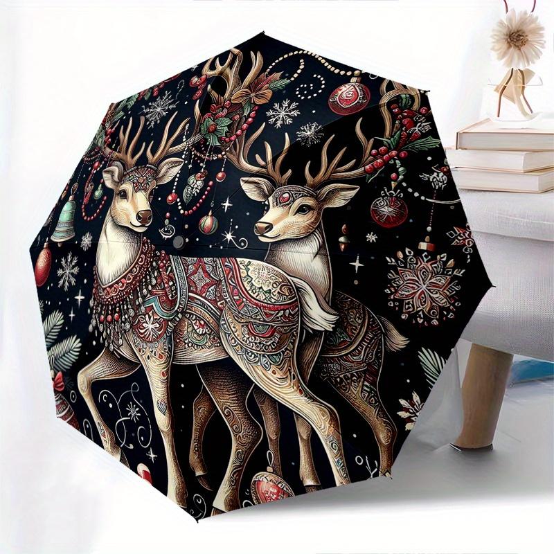 Christmas, Reindeer Themed Automatic Opening and Closing Umbrella Creative Design Umbrella, Portable Tri Fold Small Umbrella for Men and W