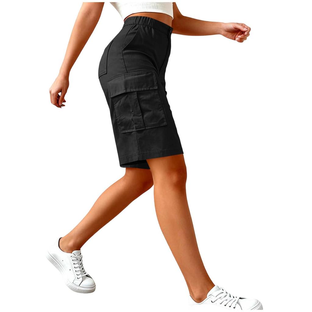 Women High Waist Cargo Shorts Loose Fit Knee Length Casual Utility Shorts with Multiple Pockets for Outdoor Wear