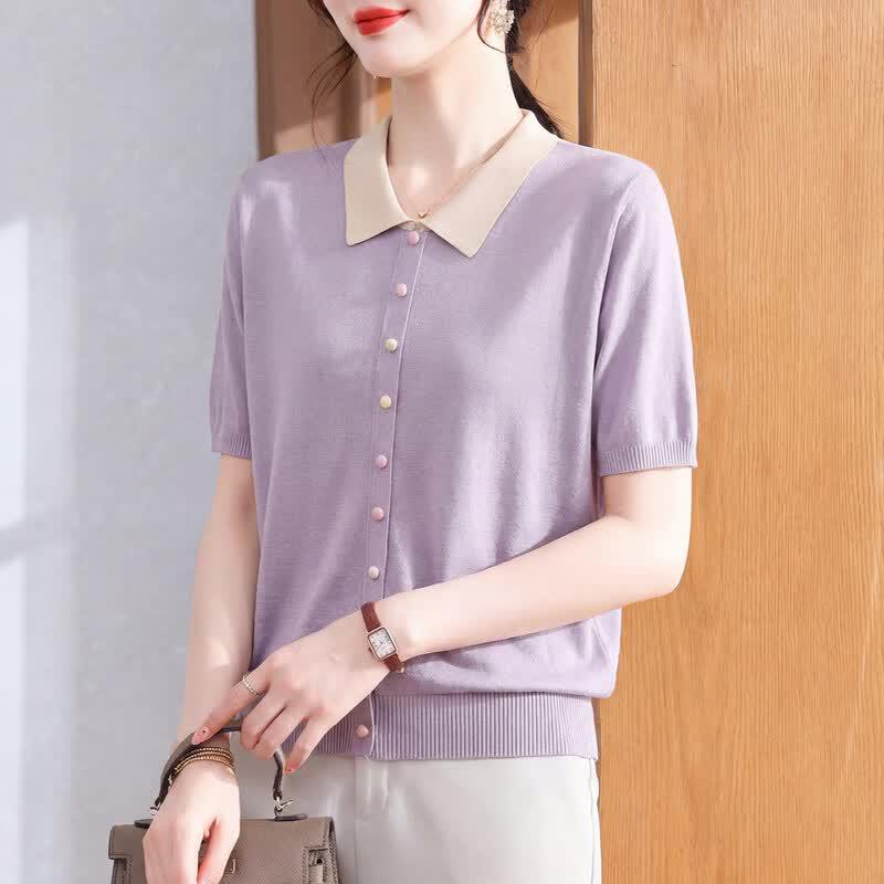 Elegant Middle-Aged Women s Ice Silk Knitted Short Sleeve Top XL