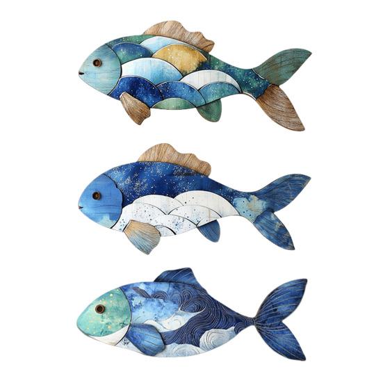 3/4Pcs/Set Wooden Fish Wall Decoration Farmhouse Rustic Nautical Turtle Shell