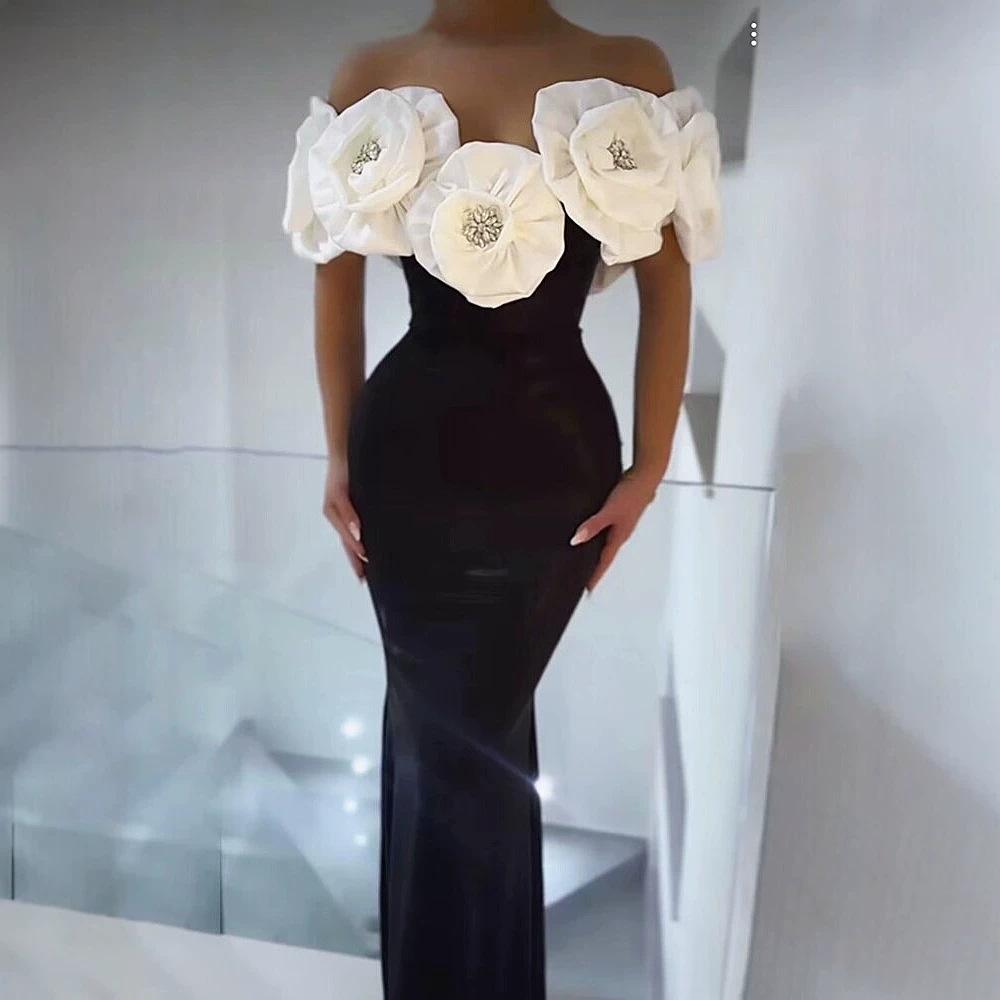 European and American Light Luxury High-end Sense One-word Shoulder Three-dimensional Floral Evening Dress Skirt Banquet Party Slim and Thin