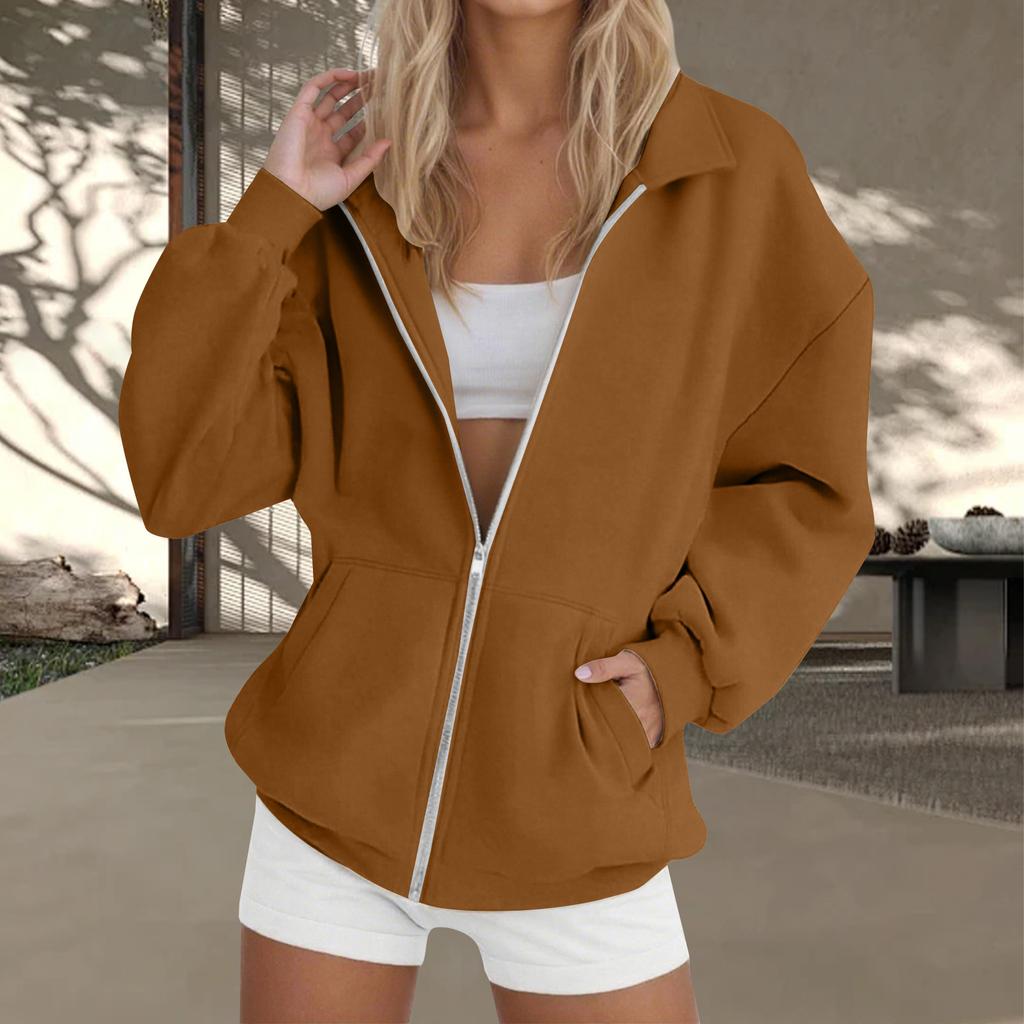 Women's  Fashion Zipper Hoodie Long Sleeve Hooded Pullover Sweatshirt Casual Solid Color Tops With Pockets