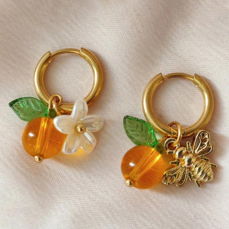 Fashionable Orange Fruit Honey Bee Hoop Earrings For Women Ear Buckle Suitable For Wearing Jewelry Gifts