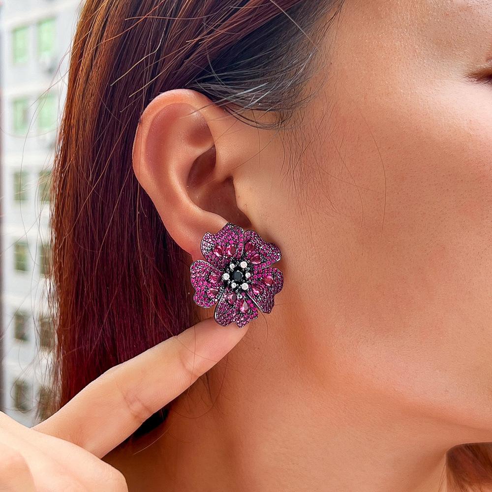 Needle Heavy Industries Luxury Court Style Slightly Inlaid Zircon Three-Dimensional Multi-Layer Flower Earrings Popular Earrings