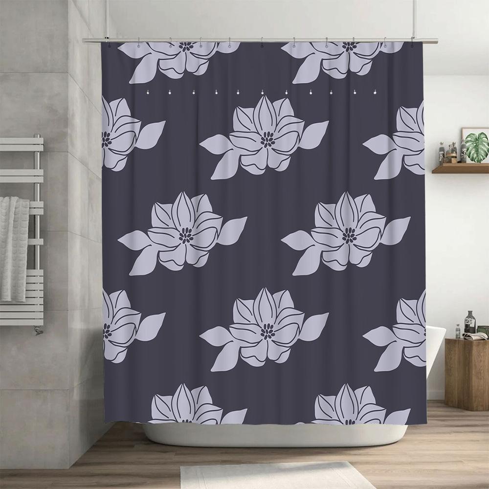 Stylish Gray Floral Print Bath Curtain For Modern Bathroom Decor Shower Curtain Set With Rod Pocket, 72 X 84 Inches