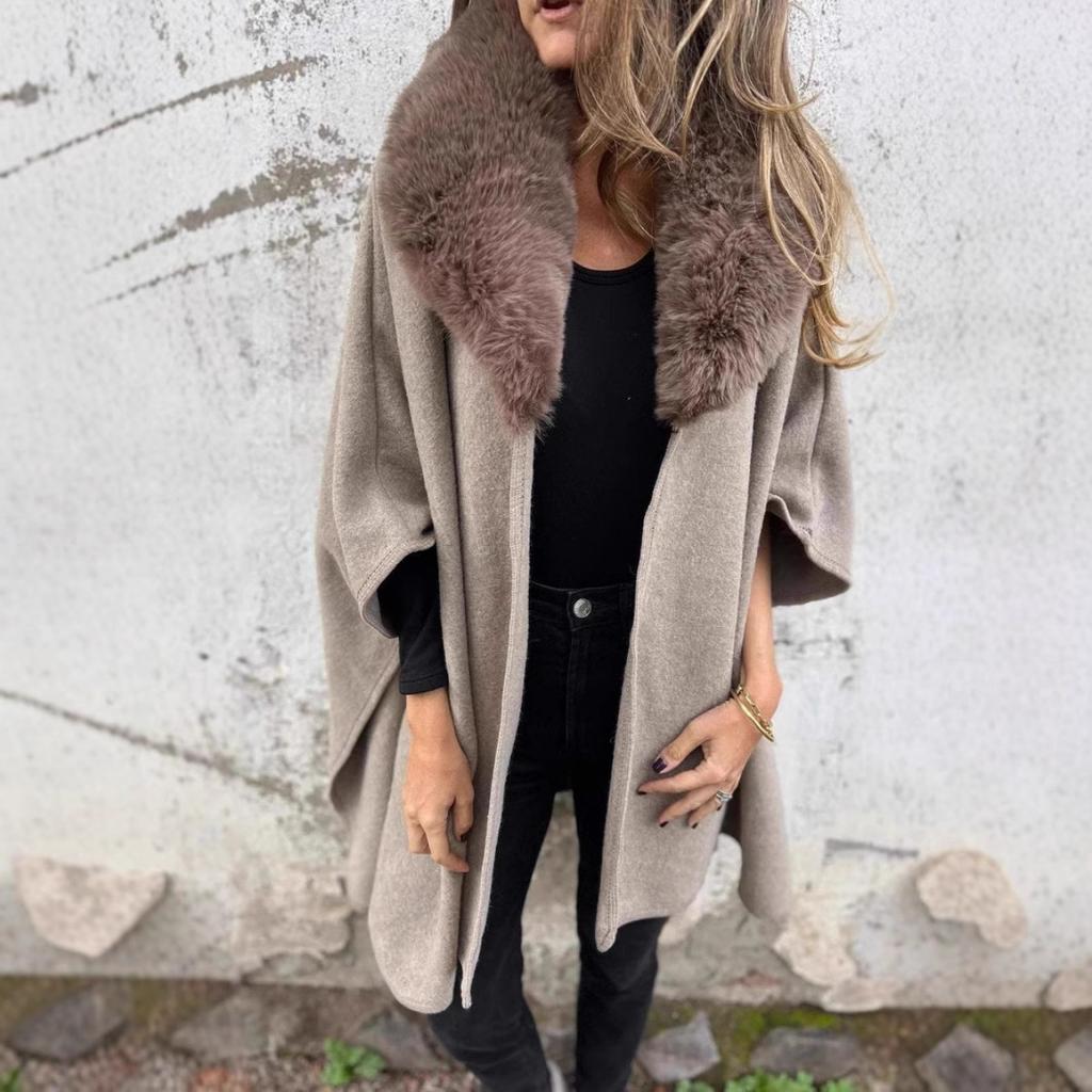 2025 New Women's Autumn Winter Loose Long Sleeve Lapel Faux Fur Collar Cloak Coat Outerwear