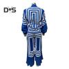 2Pcs/Set Women Stripe Print Pleated Casual Outfit Lapel Lantern Long Sleeve Lace Up Shirt High Waist Wide Leg Long Pants Set