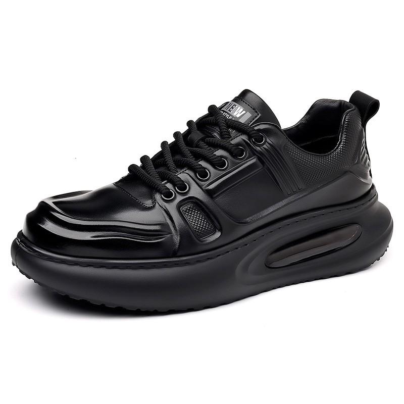 Mens Genuine Leather Casual Shoes With Thick Sole Height Increasing Comfortable Breathable Round Toe Lace Up