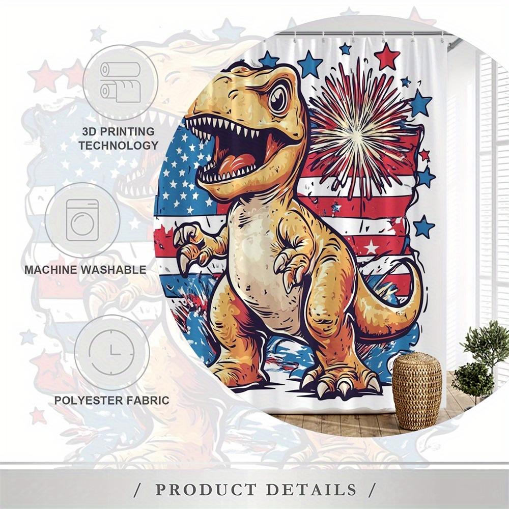 1Pc Patriotic Dinosaur Shower Curtain, 4Th Of July Stars Stripes Fireworks Design, Polyester Fabric, 12 Hooks, 70X70 Inches,