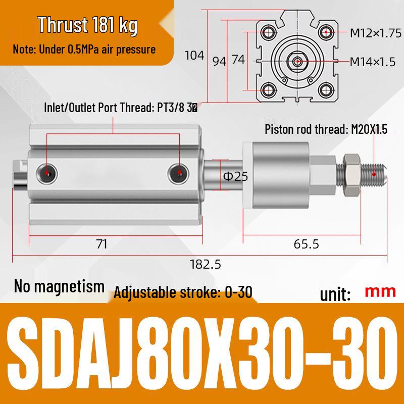 Adjustable Stroke Pneumatic Thin Cylinder - Piston Rod Sizes: 16/20/25/32/40/63
