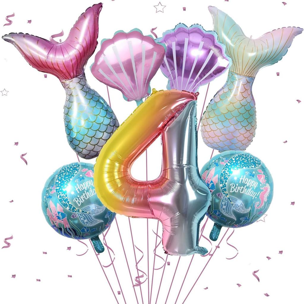 Meerjungfrauen-Mottoparty-Dekorationen Helium-Folienballons Schwanzdesigns Regenbogen-Zahlen Muschel-Akzente für Kindergeburtstag Babyparty
