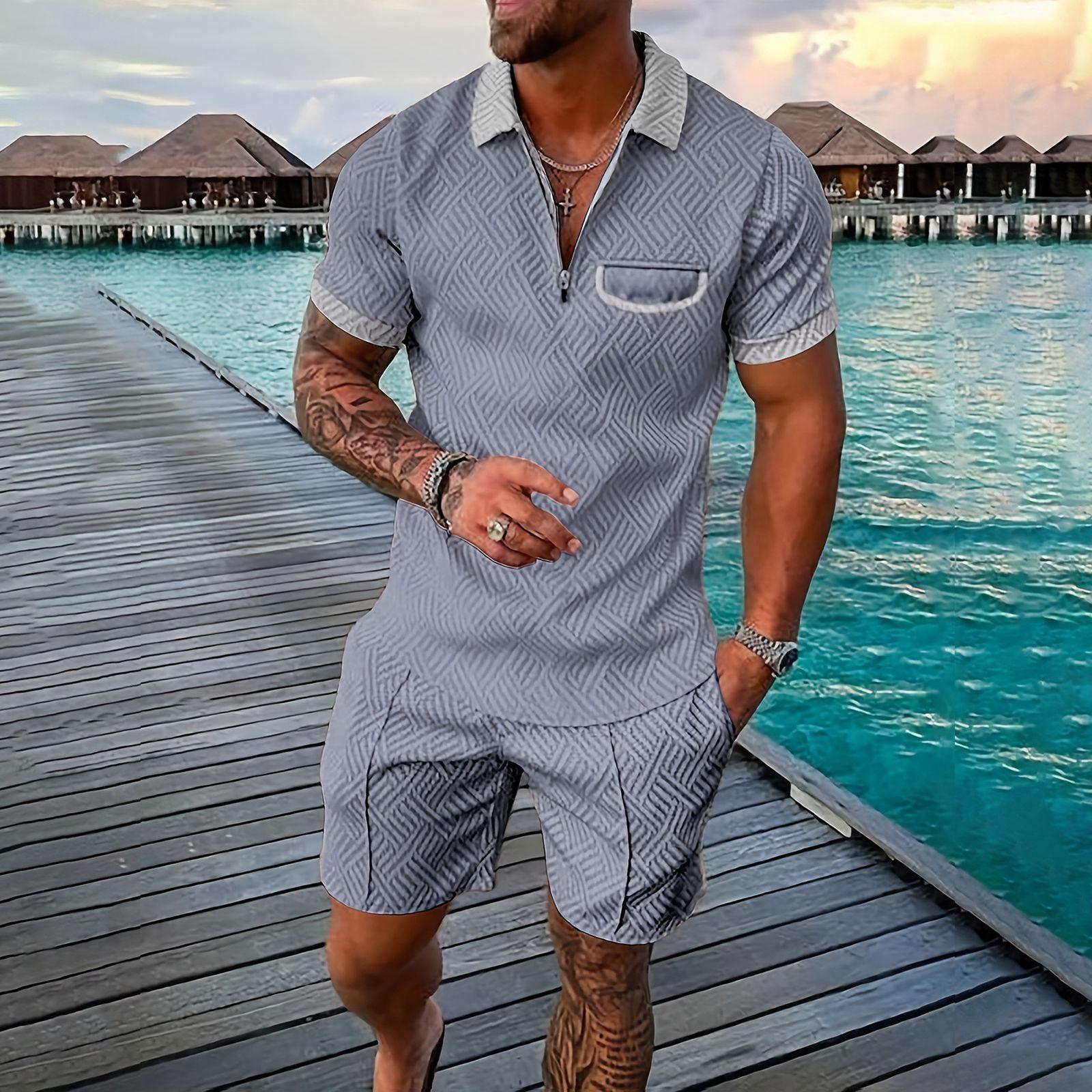 

Men s Summer Color Short Sleeve Zipper Pocket Lapel Shirt Shorts Set XXXXXL