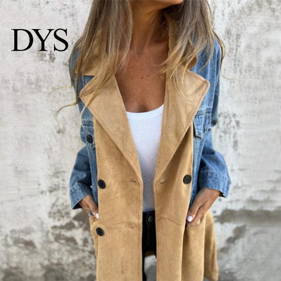 Chaqueta Cardigan de Manga Larga para Mujer Primavera Otoño Abrigo Vaquero Sobretodo Patchwork Doble Botonadura Dama Holgada con Bolsillos con Solapa Bloque de Color Longitud Media