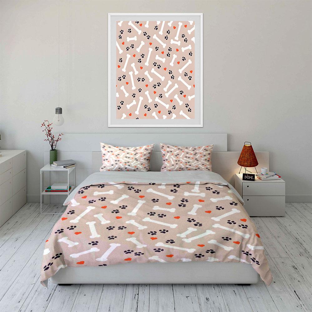 Dog Bones and Paw Prints Pattern Bedding Duvet Cover Set  (1*Duvet Cover 2*Pillowcases, without duvet insert)