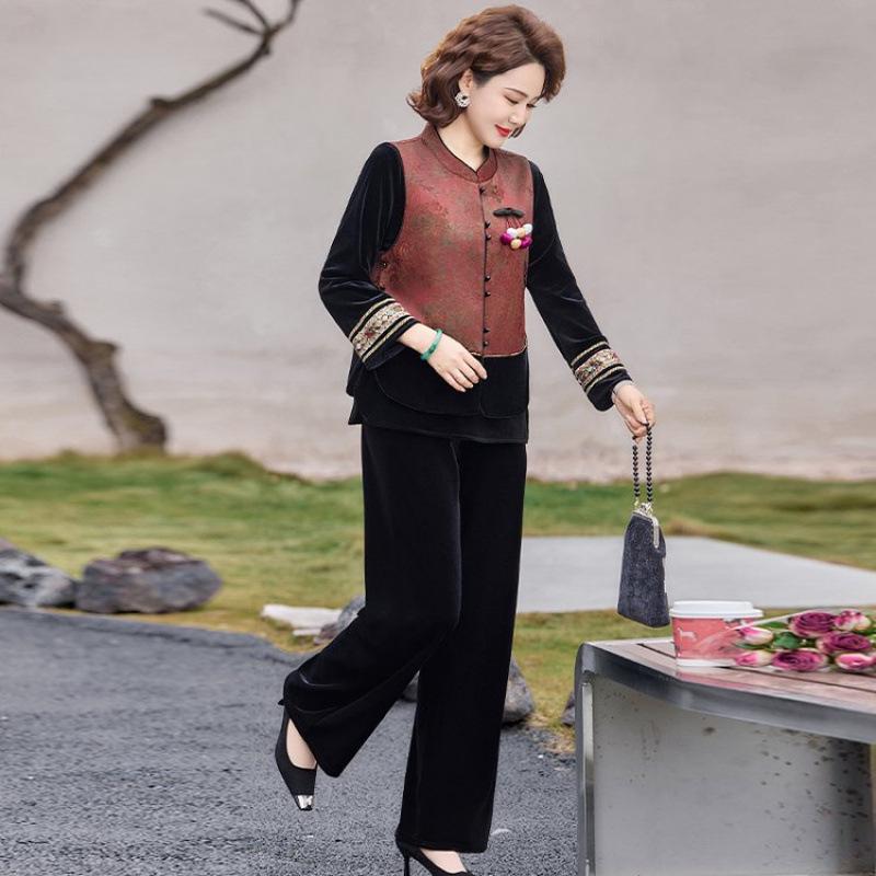 

Chinese Spring Suit Set: Golden Velvet Vest & Shirt for Middle-Aged Women - Ideal for Spring/Autumn 2XL [for 105-120 lbs]