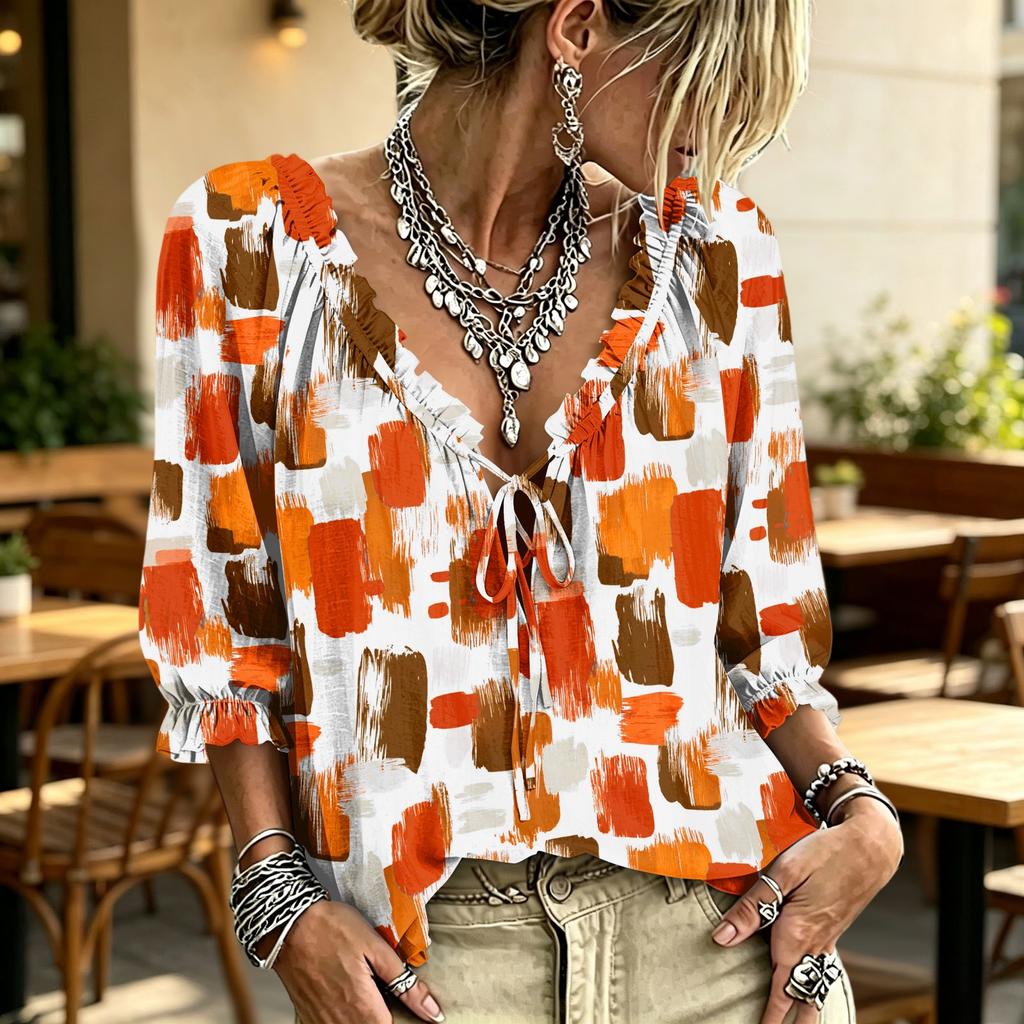 Women's Casual Printed V-Neck Ruffle Tie Blouse