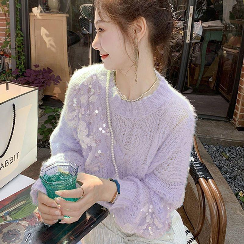 Maglione Pullover con Paillettes Profumate Piccole da Donna Largo Vento Autunno Inizio Manica Lunga Girocollo Maglieria Pullover Top