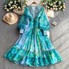 French Lace Splicing V-Neck Lantern Sleeve Dress Women's Summer Printing Waist Lotus Leaf Swing Dress Chiffon