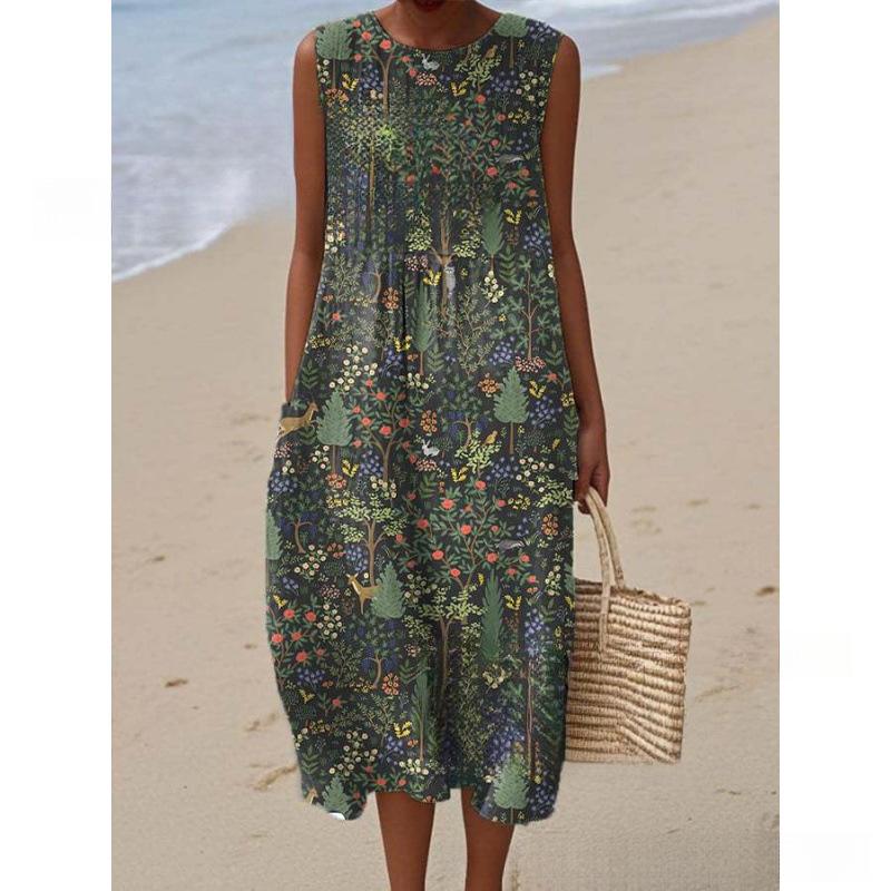 European and American New Summer Flower Ocean Printing European Size Round Neck Sleeveless Long Dress Creative Loose Dress