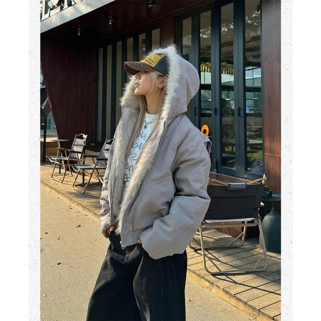 2KWEIRD American Retro Fur Collar Hooded Jacket Women Y2K Streetwear Winter New Velvet Thickened Warm Harajuku Loose Casual Jacket