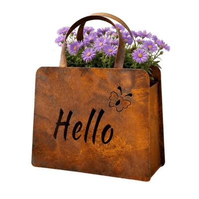 Rustic Metal Handbag Planter with Double-Sided Hello and Welcome Signs, Farmhouse Wall Mount Flower Pot, Vintage Hanging Purse Shaped Succulents