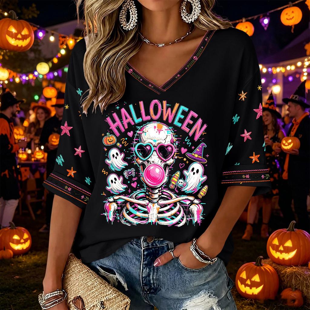 Women's V-Neck Three-Quarter Sleeve Halloween Print Top Blouse for Casual Fall Outfit