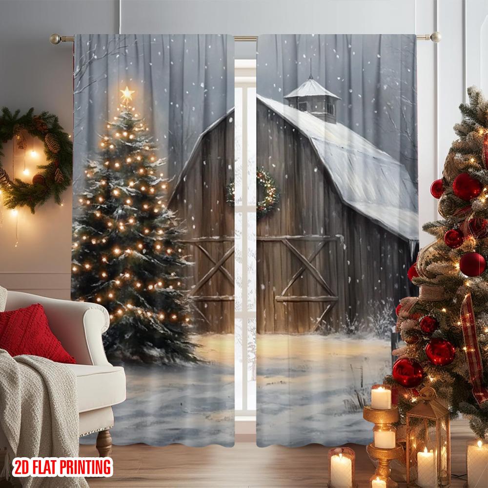 2 szt. zasłon Merry Christmas z płaskim nadrukiem 2D, zimowa scena świąteczna, wszechstronne, trwałe, poliestrowe, bez elektryczności, świąteczne