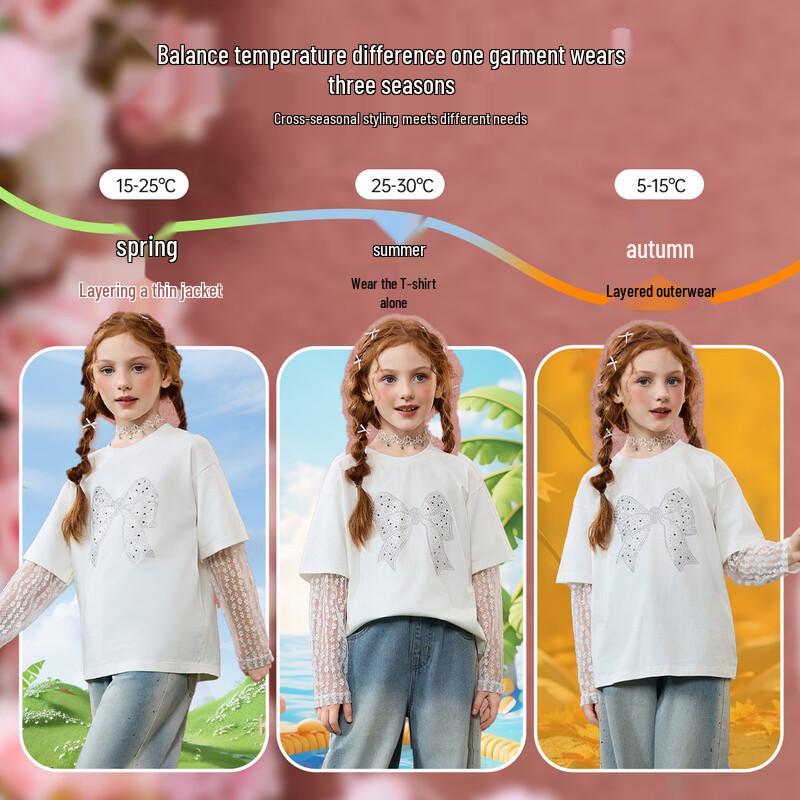 ASK JUNIOR Girls' Faux Layered Lace Bow Long Sleeve T-Shirt