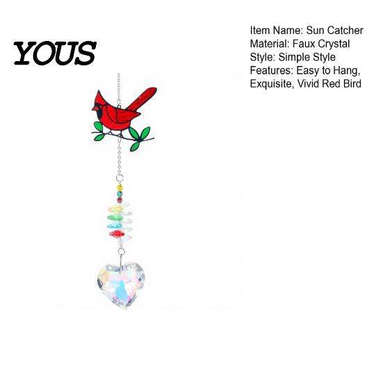 Weather Resistant Outdoor Decor Faux Crystal Red Bird Suncatcher with Chain, Window Hanging Ornament Colorful Bead for Home Prism Heart Pendant,