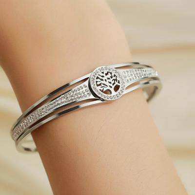 Pulsera de acero de titanio galvanizado con decoración de árbol de la vida y circonita cúbica para dama