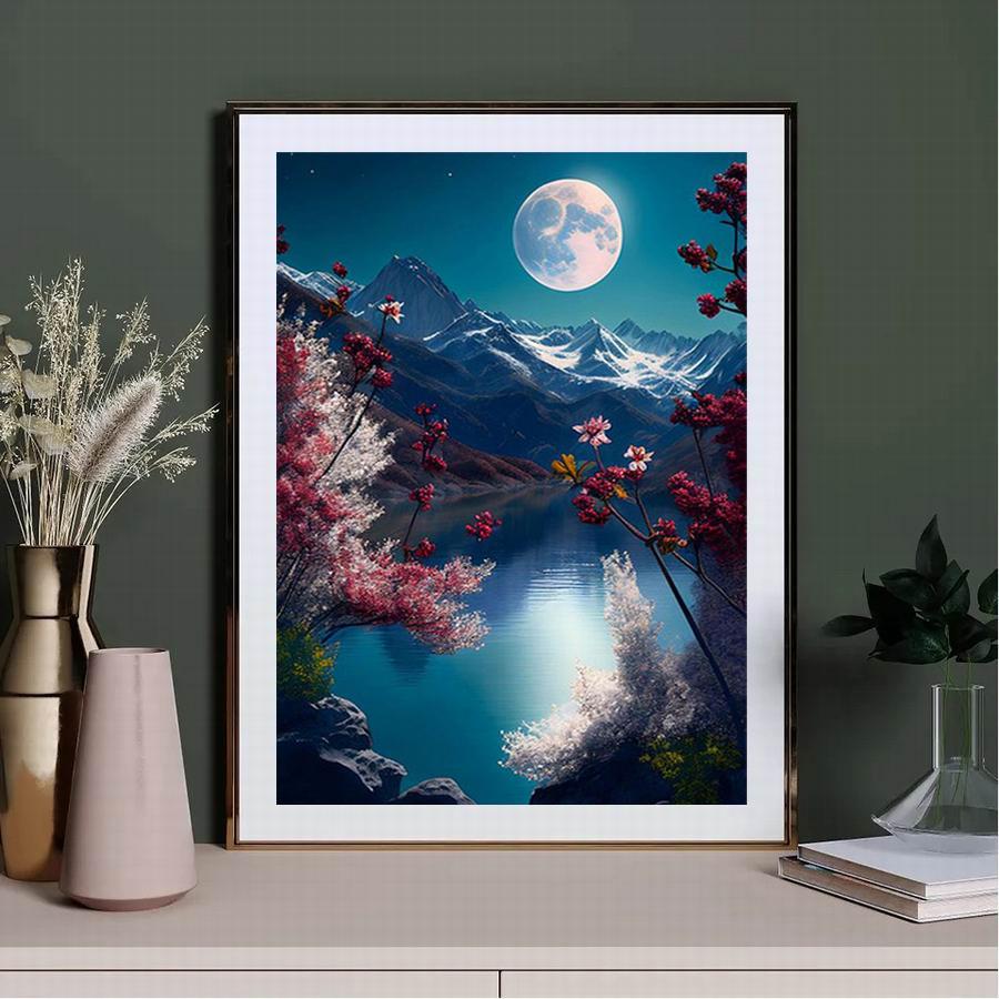 Moon Mountain Lake Diamantová maľba Nové príchody Diy Plný Štvorec Okrúhla vŕtačka Vyšívanie štrasom Nočná scenéria Mozaika Súpravy krížového vyšívania Nástenné dekorácie